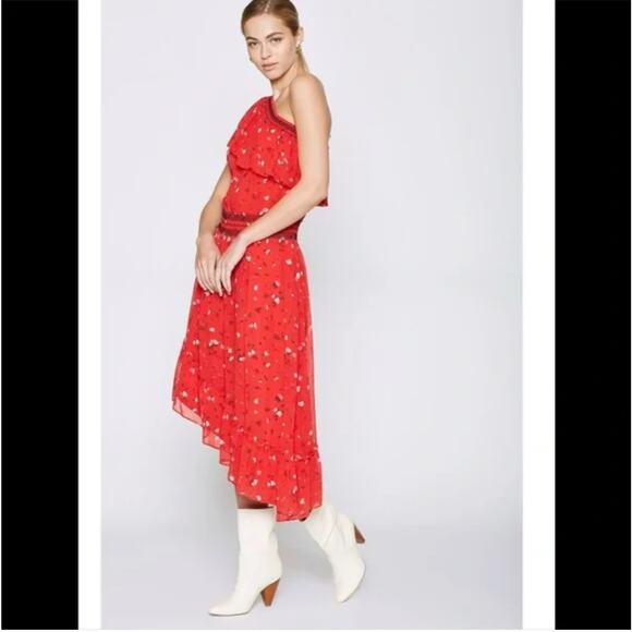 New Joie Hafsa Silk One Shoulder Midi Dress Red Floral Asymmetric Women's Size S - Picture 3 of 13